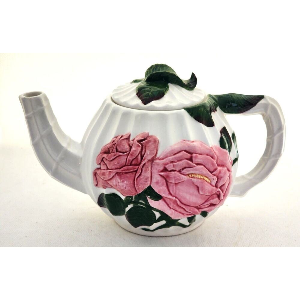 Teapot-Pacific Rim-White-Pink Roses-Green Leaves-Embossed-Holds 4 Cups
